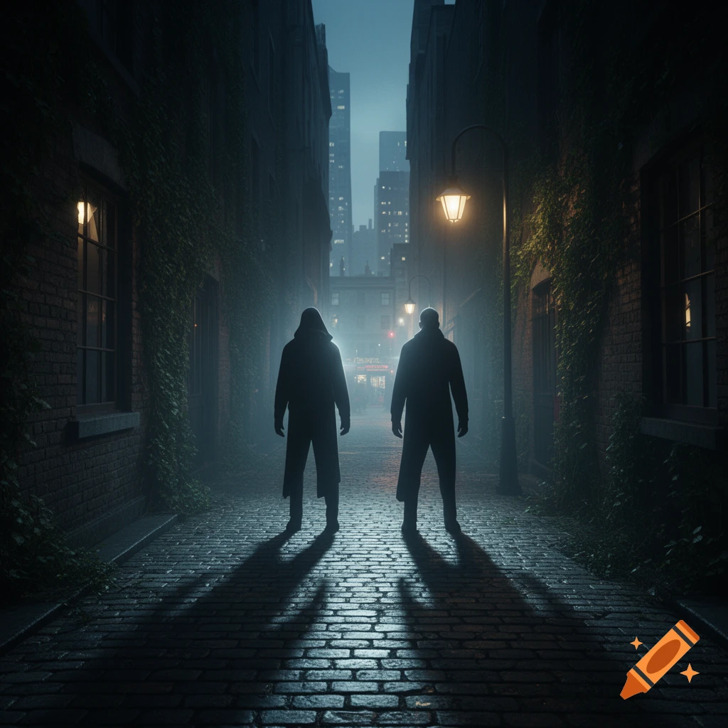 Two silhouetted figures stand in a dark, misty cobblestone alley with streetlights and a distant city skyline.
