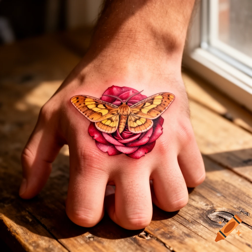 A detailed tattoo of a yellow moth on a red rose on the back of a hand resting on a wooden table, bathed in sunlight.