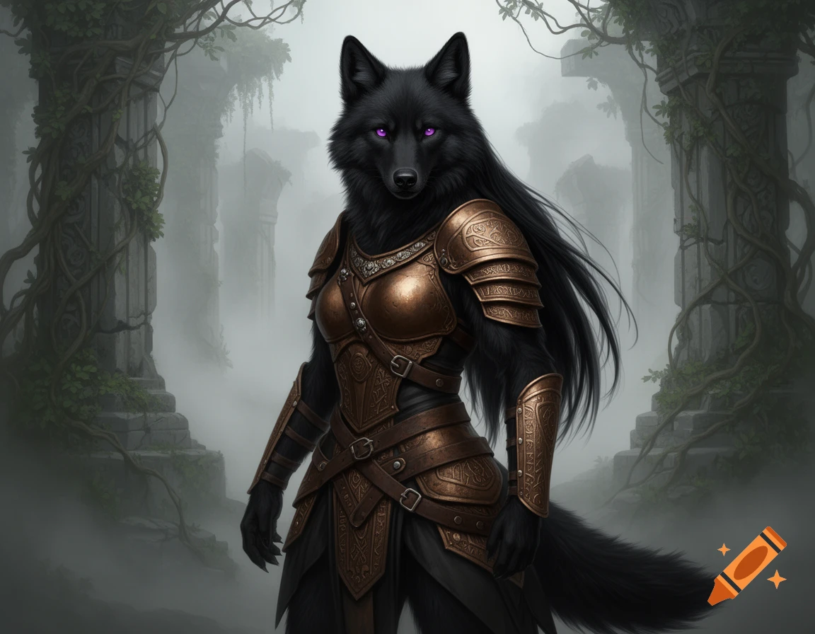 An anthropomorphic black wolf with purple eyes and long hair wears ancient bronze armor, standing in misty, vine-covered ruins.