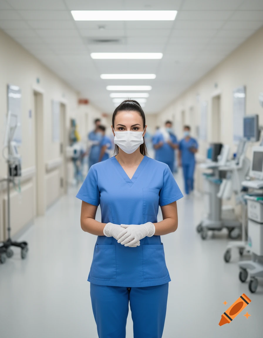Photorealistic image of a female nurse in blue scrubs, white mask, and gloves, standing in a hospital hallway.