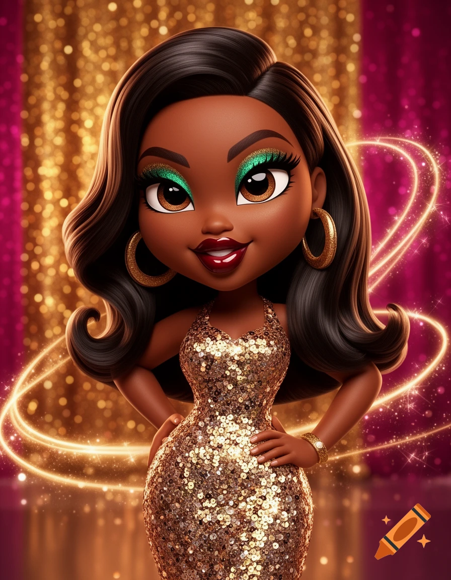 Animated black girl doll with dark skin, long dark hair, green eyeshadow, and a gold sequin dress, standing against a sparkly gold and pink background.