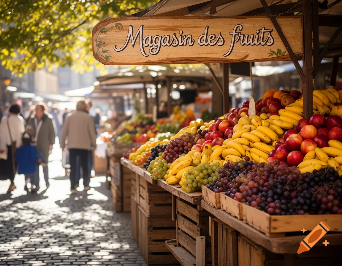 A vibrant outdoor fruit market stall overflowing with red apples, yellow bananas, and various colors of grapes, with people blurred in the sunny background.