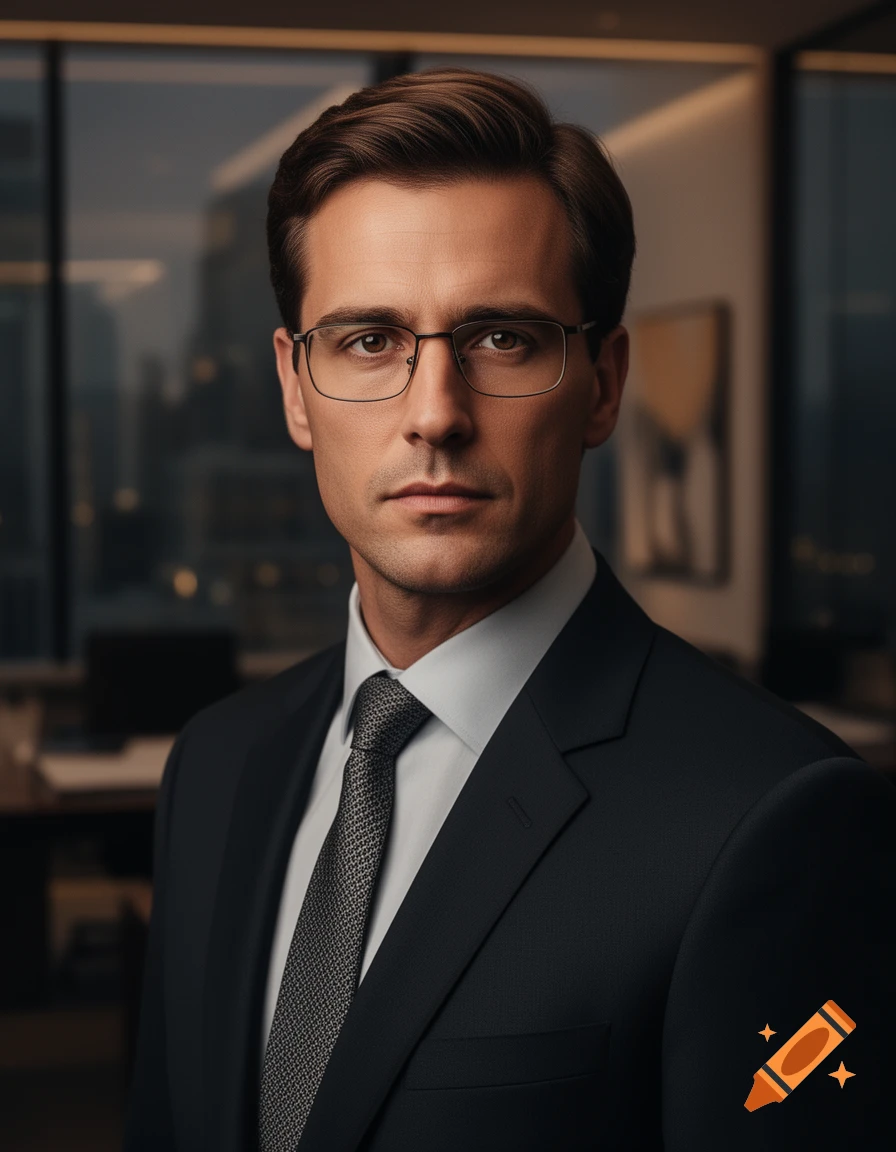 A photorealistic portrait of a serious young man in a dark suit and tie, wearing rectangular glasses, against a blurred office background.