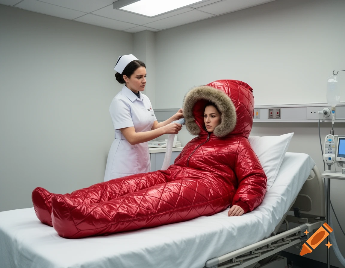 A nurse tends to a woman lying on a hospital bed, wearing a large, shiny red quilted nylon overall with a fur-trimmed hood.