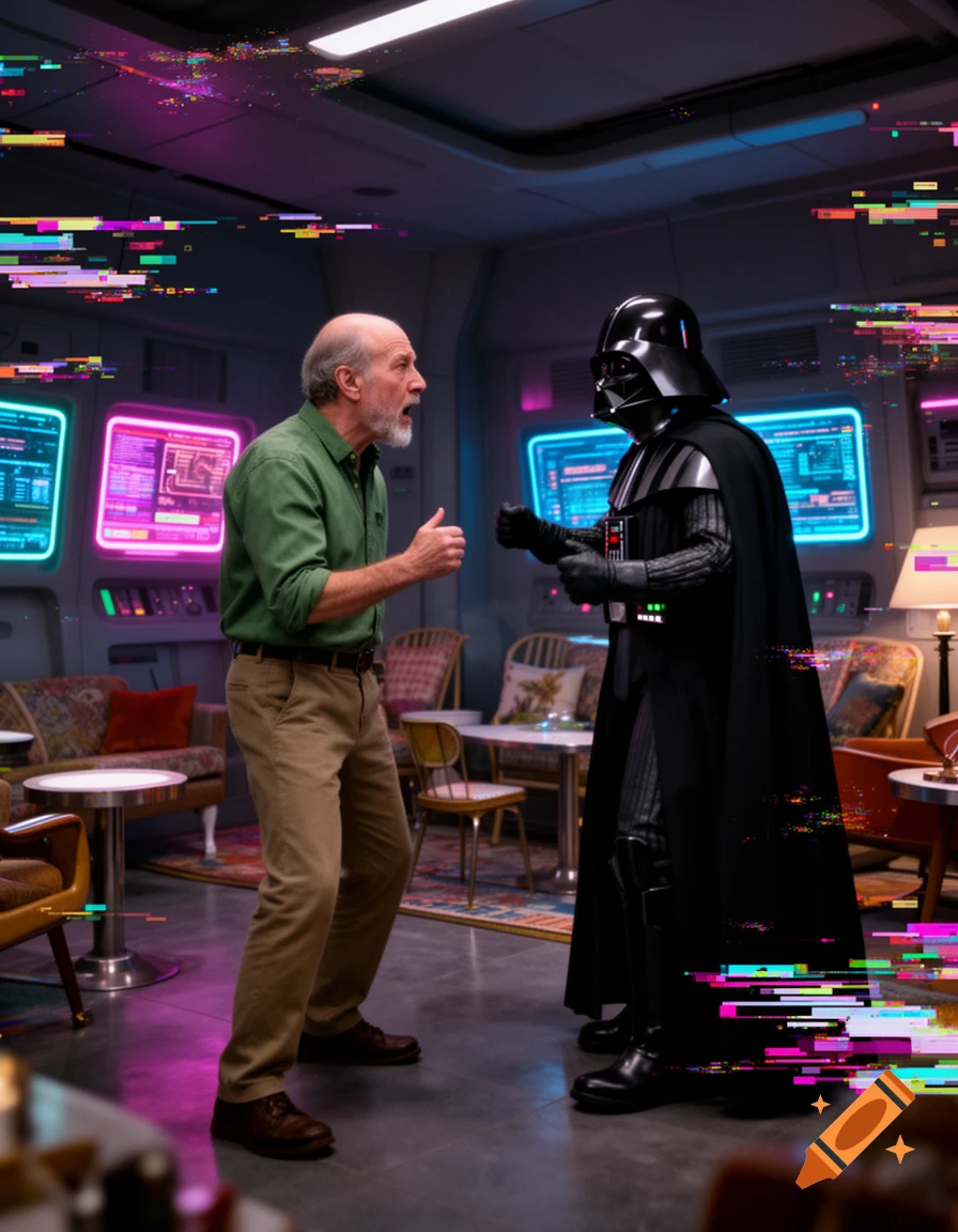 An older man in a green shirt argues with Darth Vader in a glitchy, neon-lit room with glowing screens, in a distorted style.