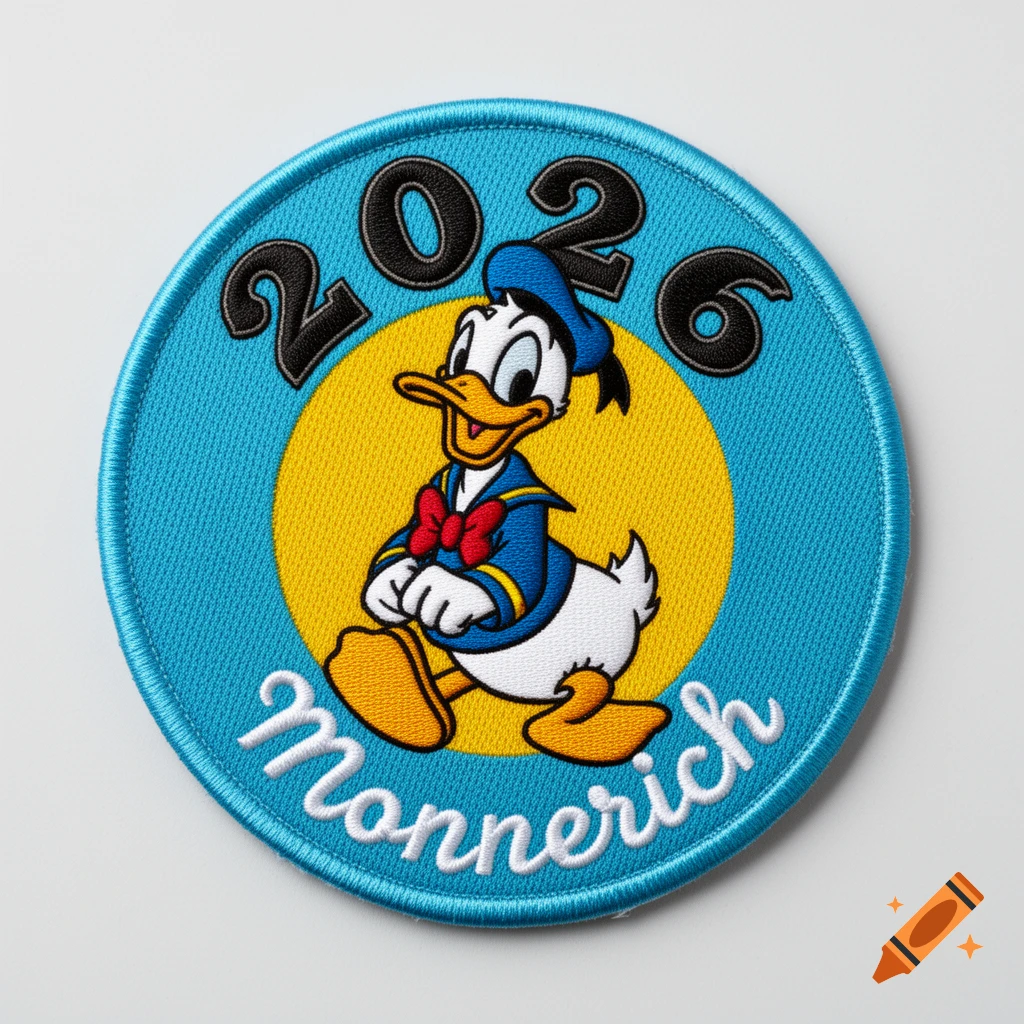Embroidered round patch with Donald Duck walking on a yellow circle, with black '2026' above and white 'Monnerich' below, on a blue background.