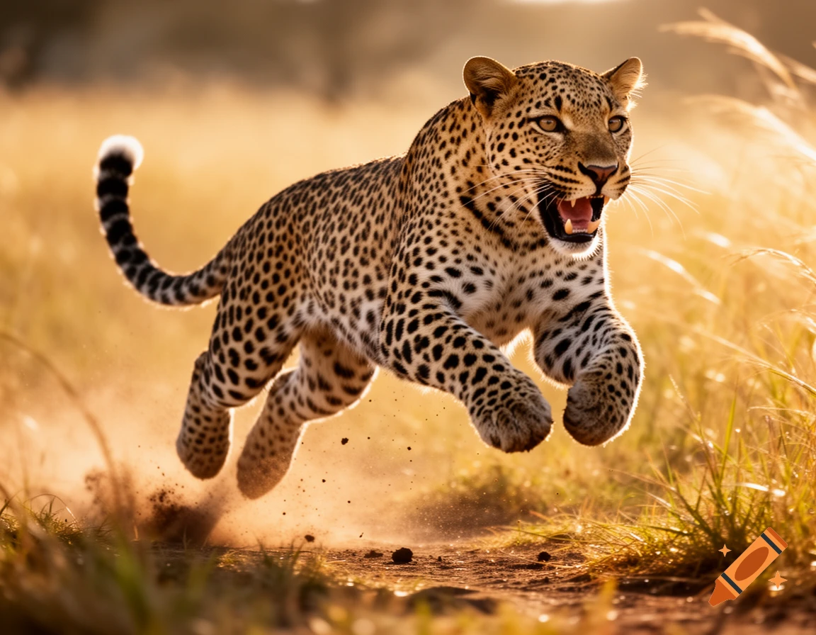 A photorealistic leopard leaps and runs through a golden, sunlit savanna, snarling and kicking up dust.
