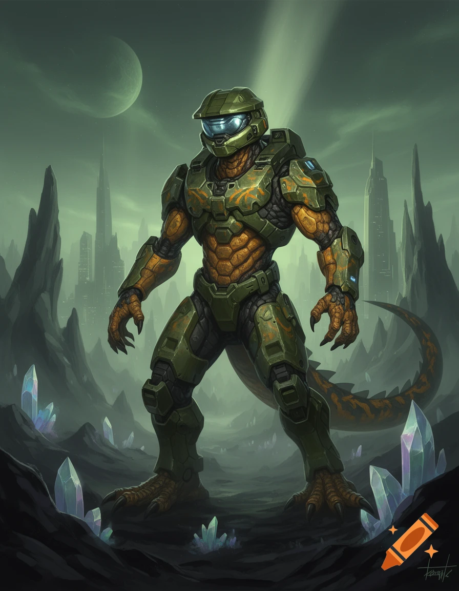 A lizard-like Master Chief in green armor stands on a rocky alien planet with glowing crystals and a futuristic city in the background.