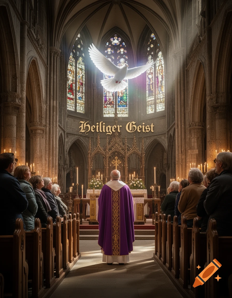 A priest in purple leads a service in a grand church with stained glass, as a radiant white dove flies above a congregation.