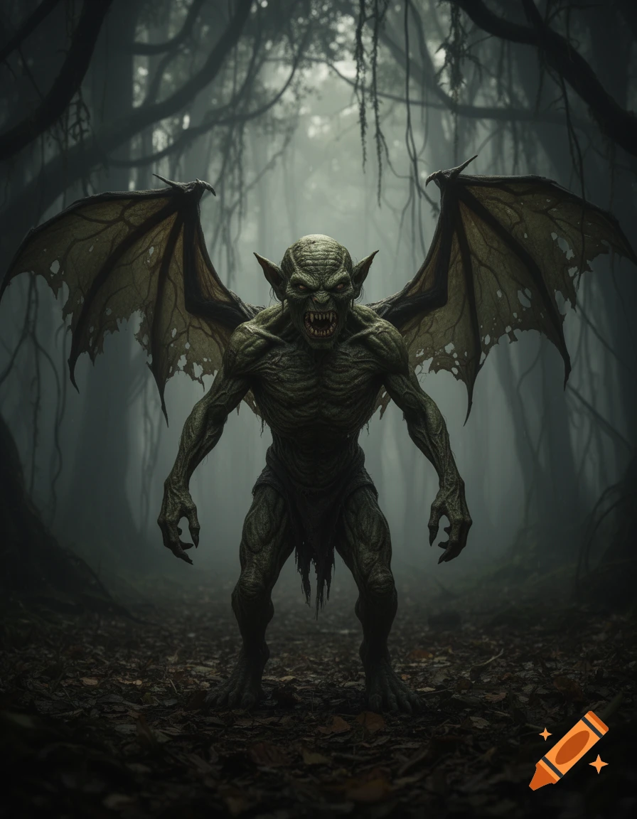 A grotesque winged goblin stands snarling in a dark, misty forest, photorealistic.