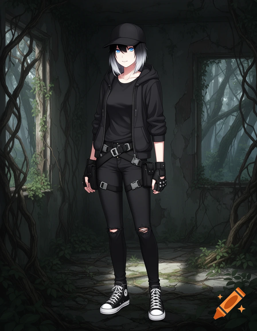 Anime character with black hair and blue eyes, wearing a black hoodie, ripped jeans, tactical gear, and a baseball cap, standing in overgrown ruins.