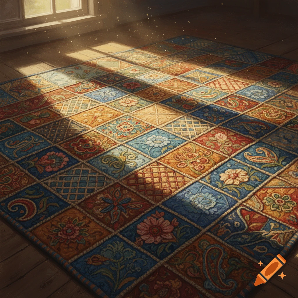 A vibrant patchwork rug with floral and geometric patterns covers a wooden floor, bathed in a sunbeam from a window.