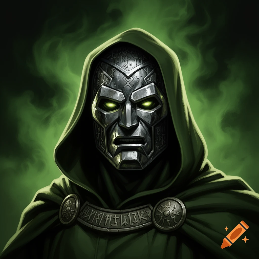 Close-up portrait of Doctor Doom in his green hooded cloak, metallic mask with glowing green eyes, against smoky green.