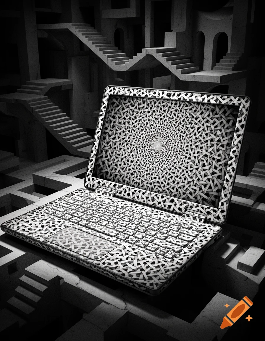 A black and white laptop covered in a woven M.C. Escher-style pattern, with a spiral design on the screen, set in an impossible architectural maze.