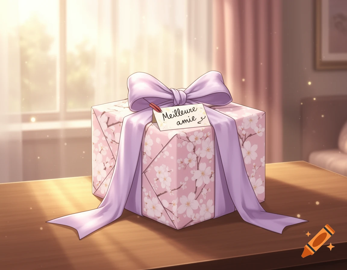 An anime illustration of a pink gift box wrapped with cherry blossoms, a lavender ribbon, and a tag reading 'Meilleure amie' on a wooden table.