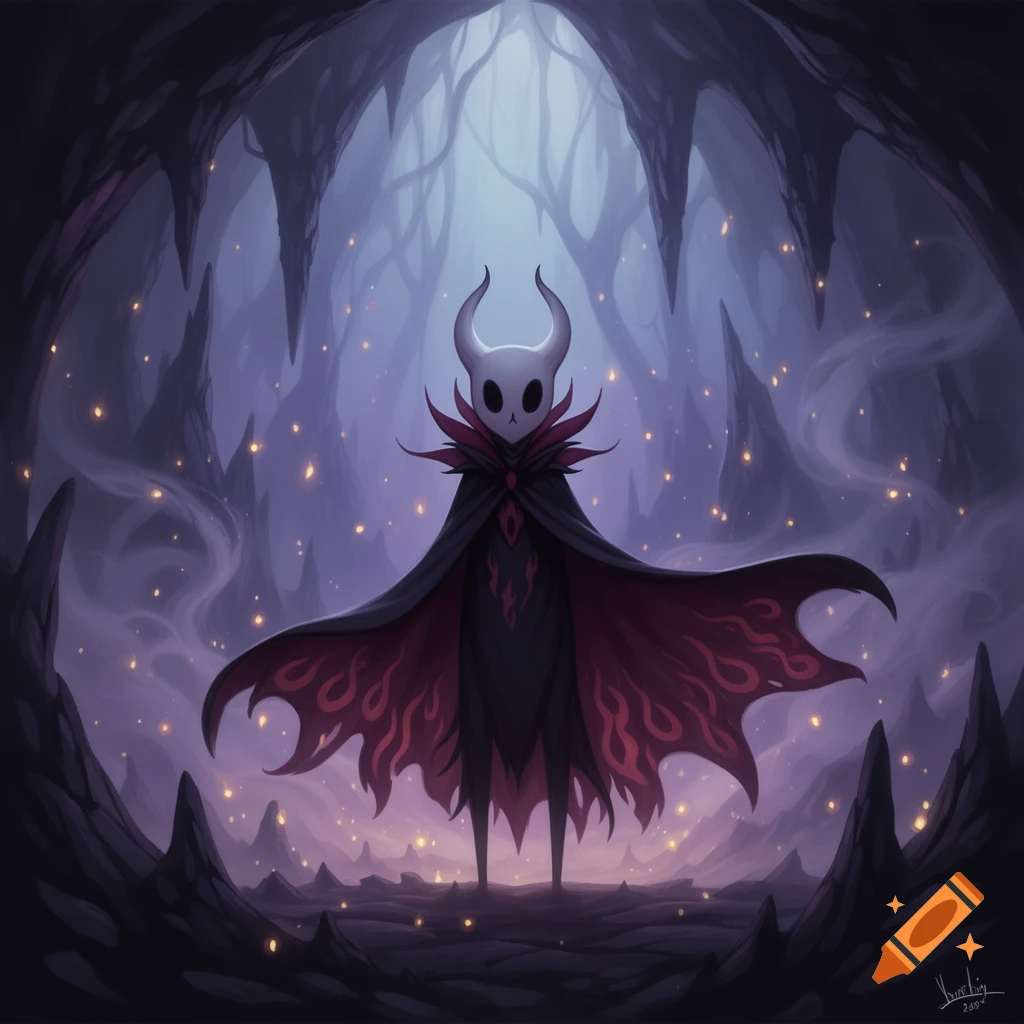 Stylized digital art of a Hollow Knight character, resembling Grimm, with a skull mask and dark red-patterned cloak, standing in a glowing, ethereal cave.