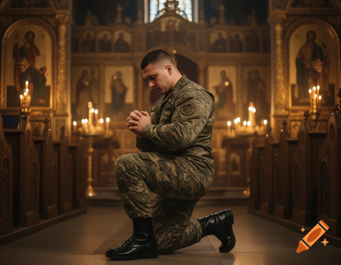 A soldier in camouflage uniform kneels in prayer inside a dimly lit orthodox church with icons and candles.