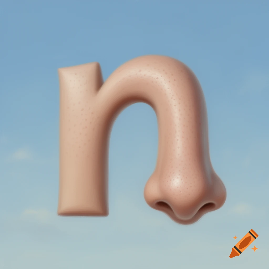 A 3D rendered lowercase letter 'n' shaped like a human nose, with skin texture and pores, against a light blue sky.