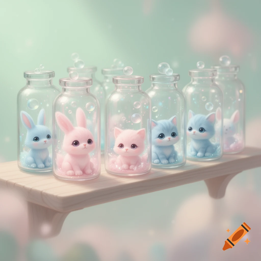 Cute pastel bunnies and kittens sit inside glass jars with bubbles on a wooden shelf, in a soft focus, whimsical digital art style.