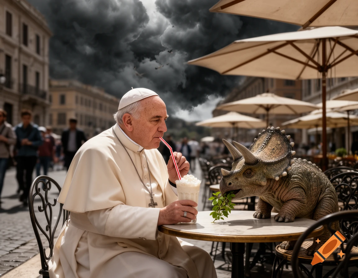 Pope Francis sips a milkshake at a cafe while a small triceratops eats leaves on the table, under a stormy sky.