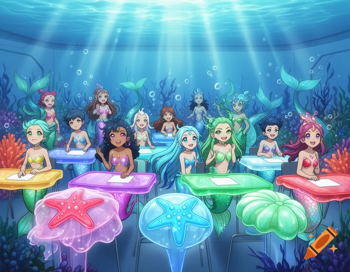 Anime style mermaids sit at colorful jelly desks in an underwater classroom, with light rays filtering through the water.