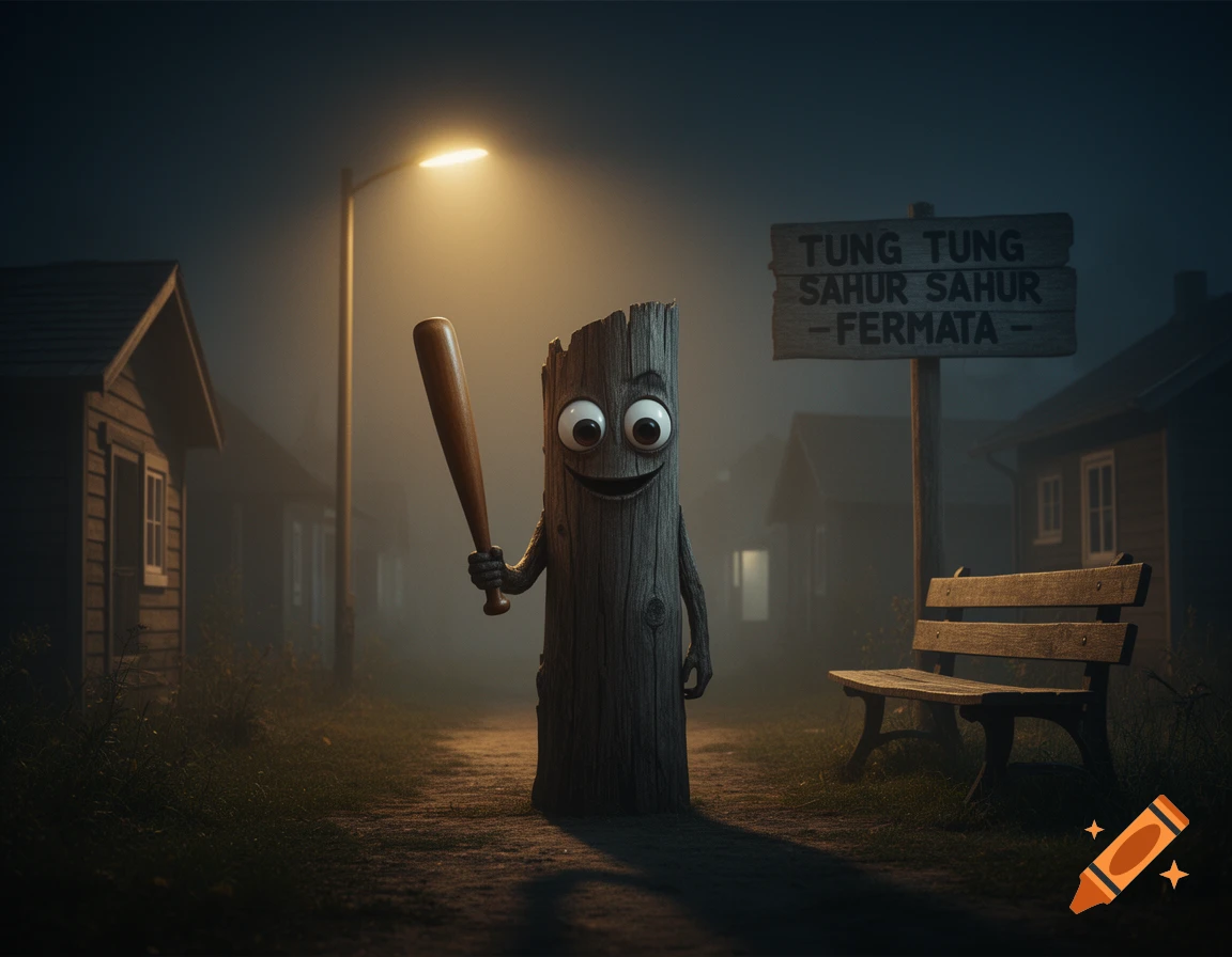 A cartoonish wooden log character with big eyes and a smile stands in a foggy rural village at night, holding a baseball bat under a streetlight.