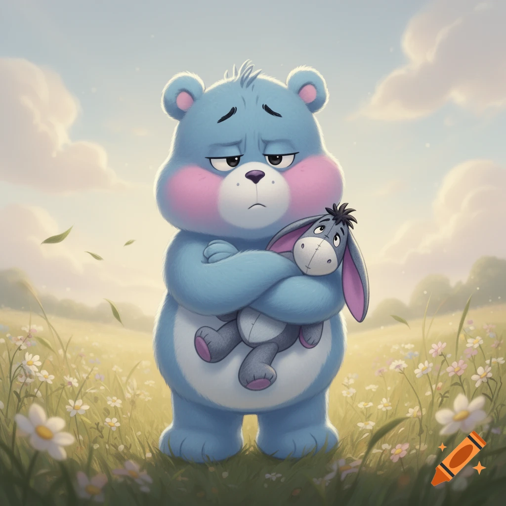 A grumpy blue cartoon bear holds a sad Eeyore plushie in a sunny field with white flowers.
