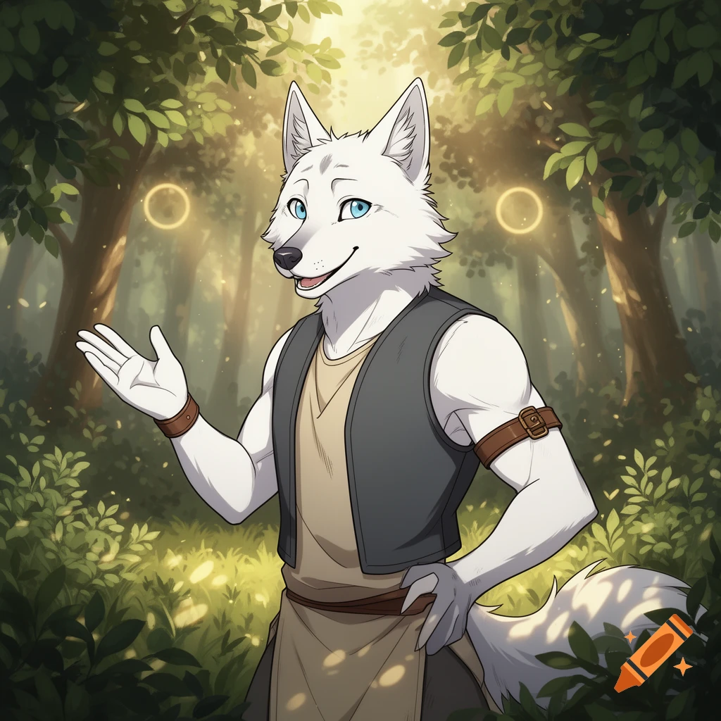 A friendly white anthropomorphic wolf with blue eyes stands in a sunlit forest, gesturing with an open hand.