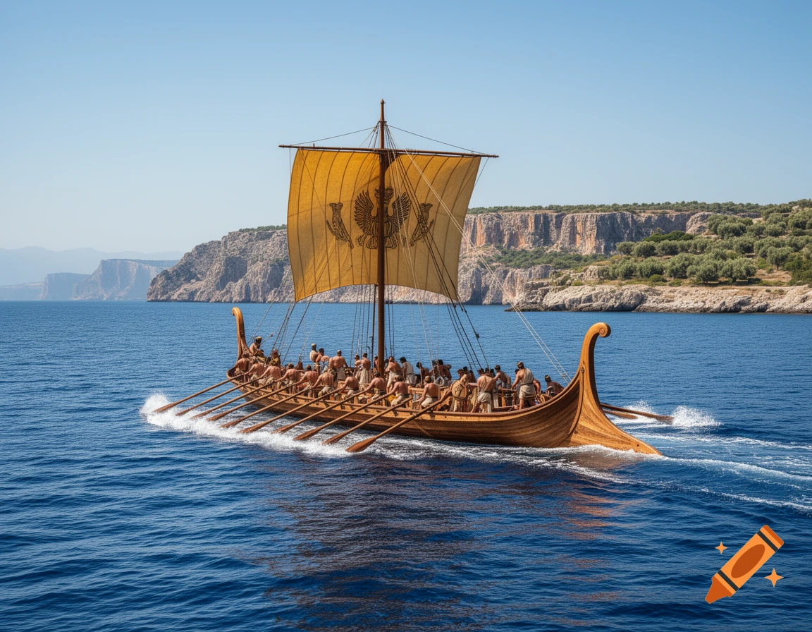 Photorealistic image of an ancient Greek trireme, full of rowers, sailing across a blue sea near a rocky coastline under a clear sky.