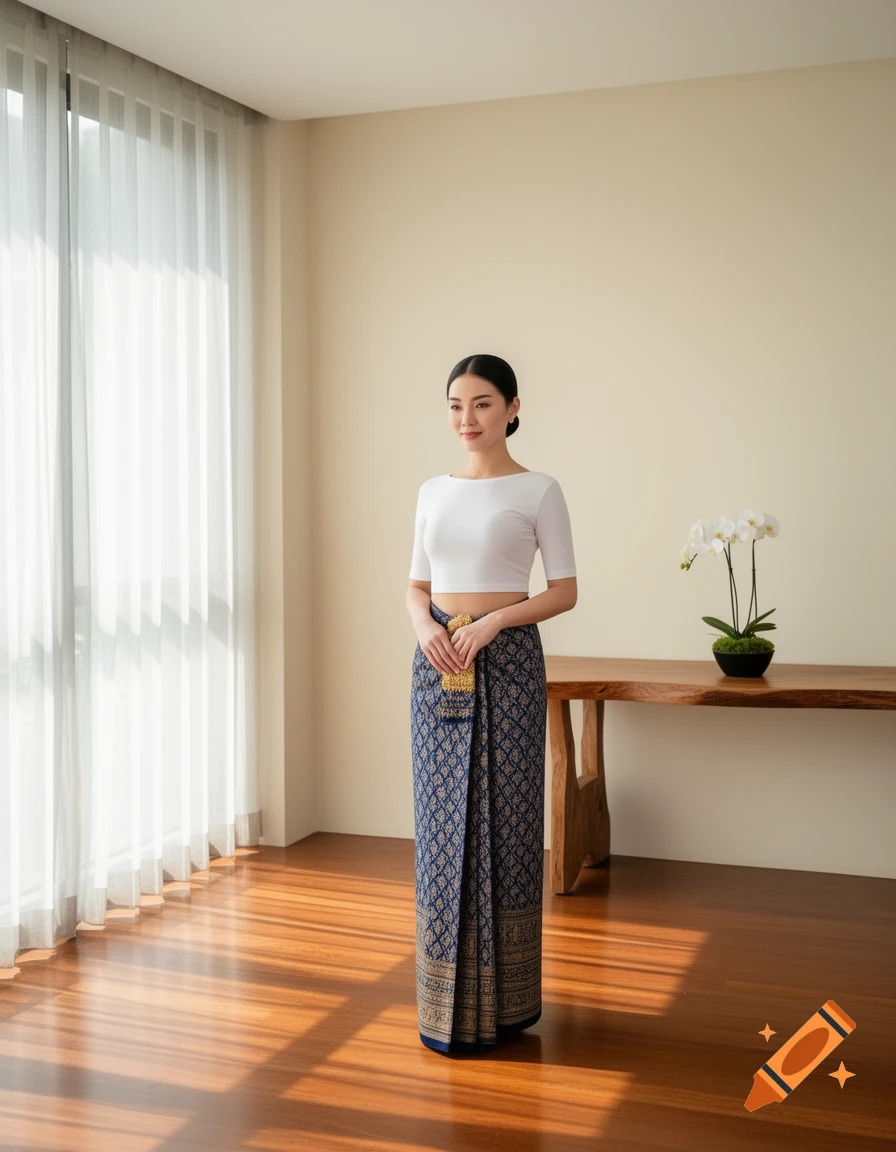 A beautiful Thai woman in a white crop-top and a patterned blue traditional Thai maxi skirt stands in a bright, modern room.