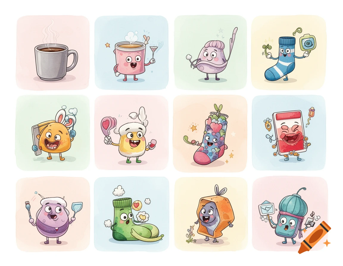 A grid of 12 cheerful cartoon illustrations of personified everyday objects like a coffee mug, socks, and other containers, in a watercolor style.