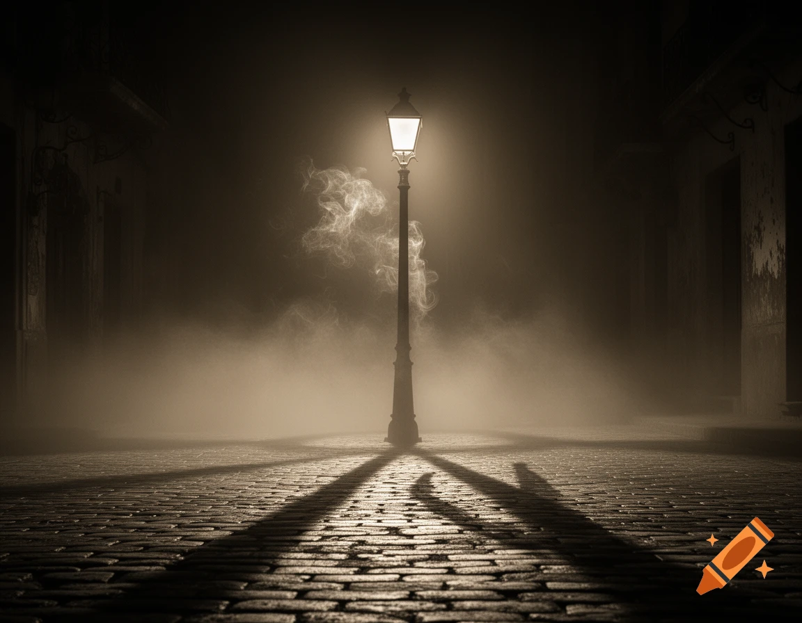 A vintage lamppost illuminates a wet cobblestone street at night, casting dramatic shadows through heavy fog and rising smoke in a film noir style.