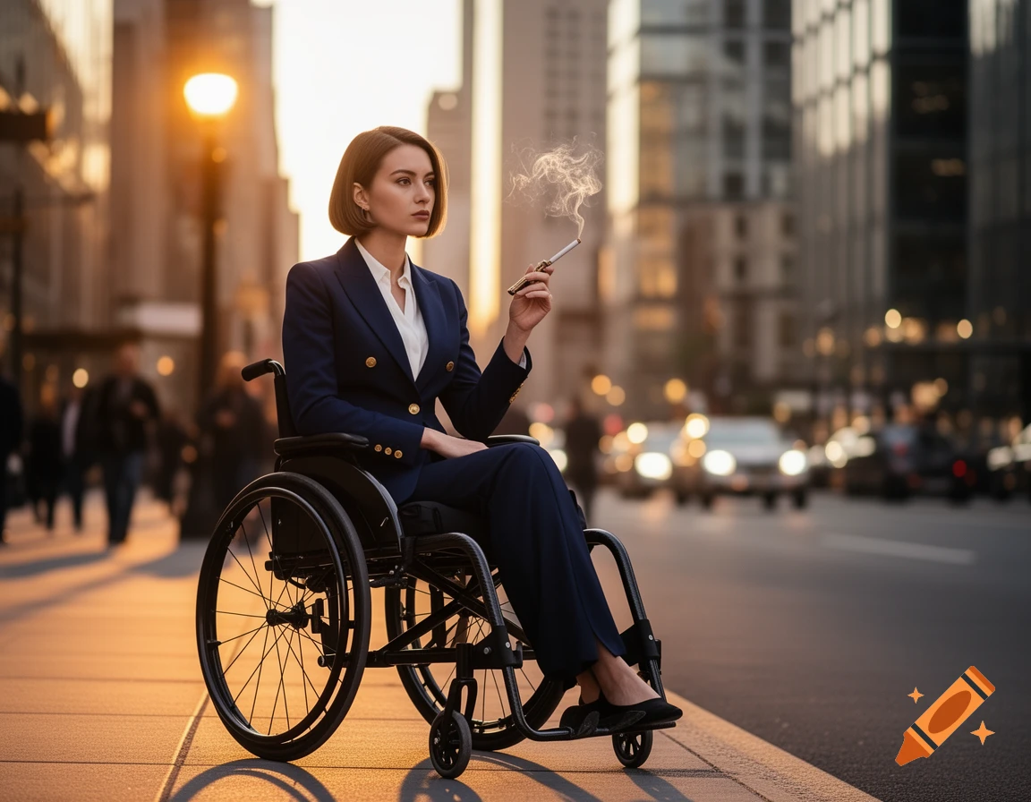 A woman in a navy suit sits in an ultralight black wheelchair on a city sidewalk at sunset, smoking a cigarette in a holder, with city buildings and cars in the background.