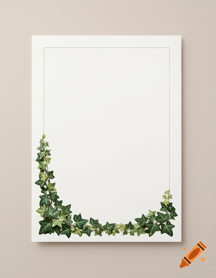 A white blank frame with green ivy leaves climbing from the bottom left corner, curving along the bottom edge.