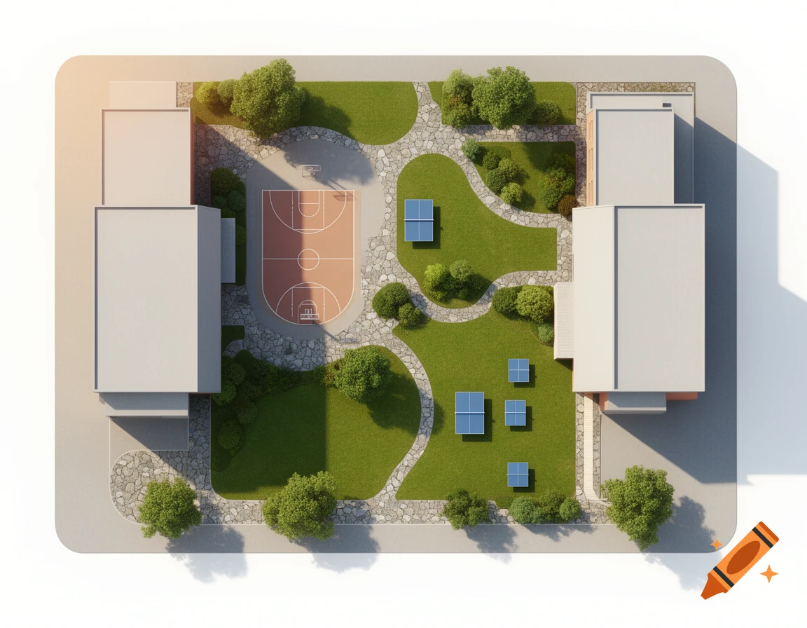 Aerial 2D site plan of a schoolyard featuring two buildings, a basketball court, green lawns, stone paths, and blue tables.