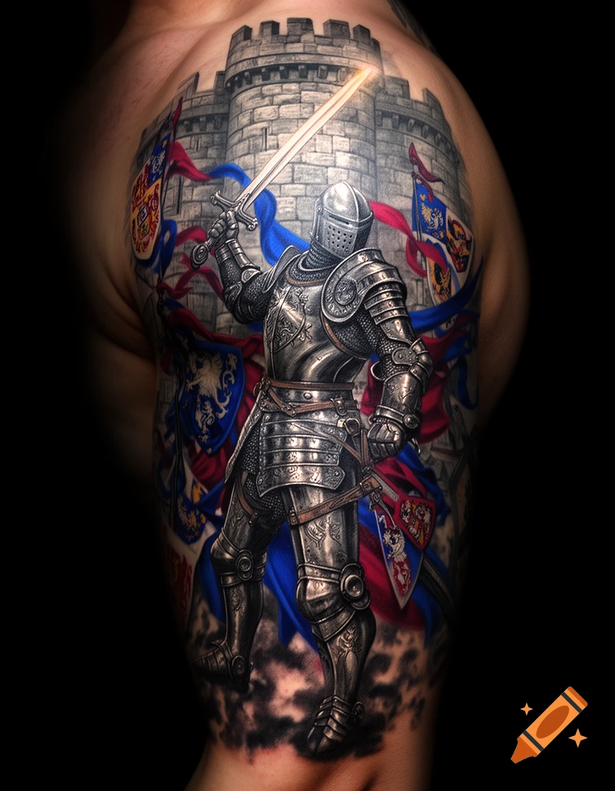 Detailed tattoo on an arm showing a knight in shining armor holding a glowing sword, in front of a castle and heraldic flags.