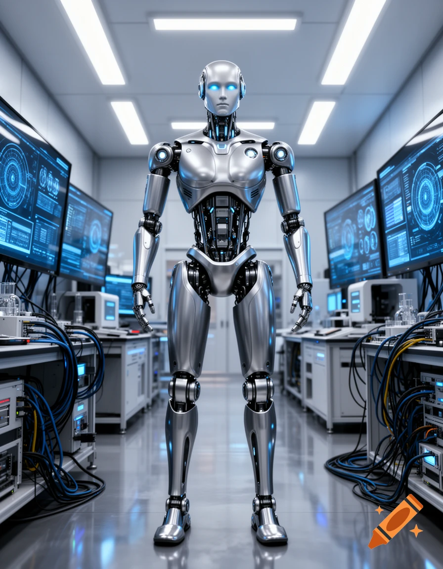 A photorealistic full-body shot of a silver humanoid robot with glowing blue eyes standing in a futuristic lab.