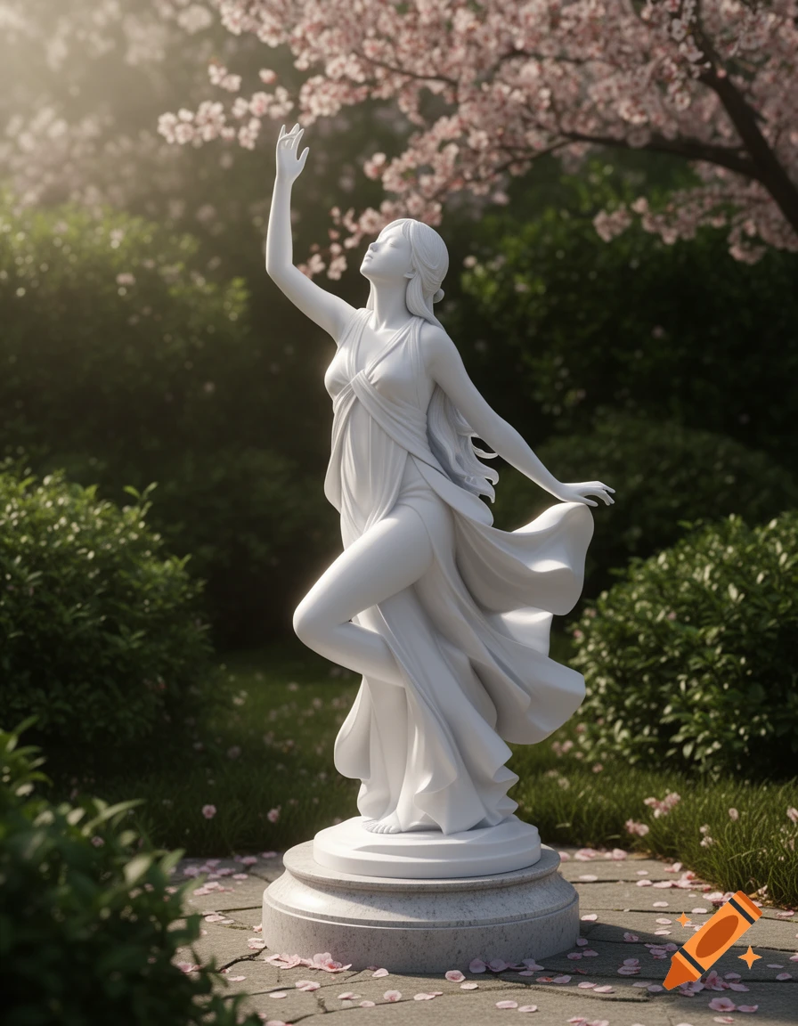A white statue of a draped woman with raised arms in a sunlit garden with pink cherry blossoms and scattered petals.