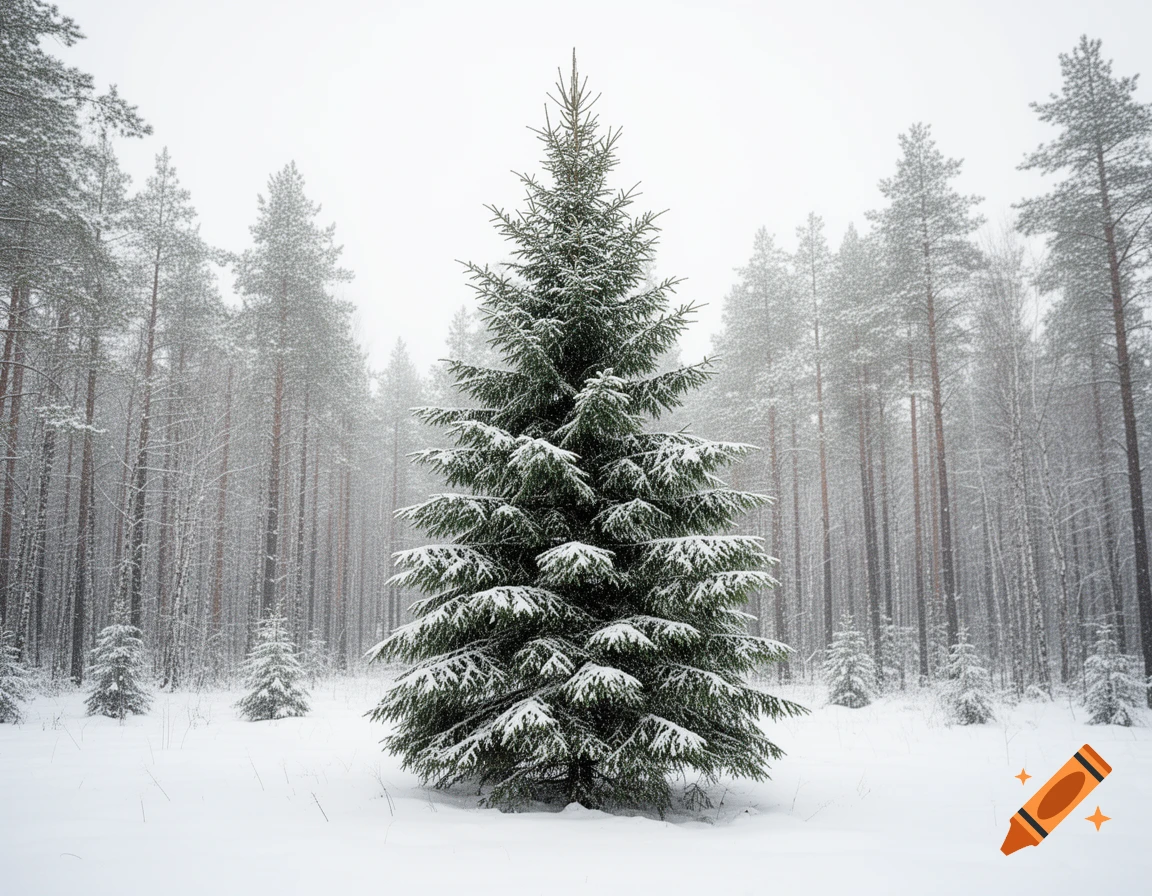 A photorealistic view of a snow-covered fir tree standing prominently in a dense, snowy winter forest.