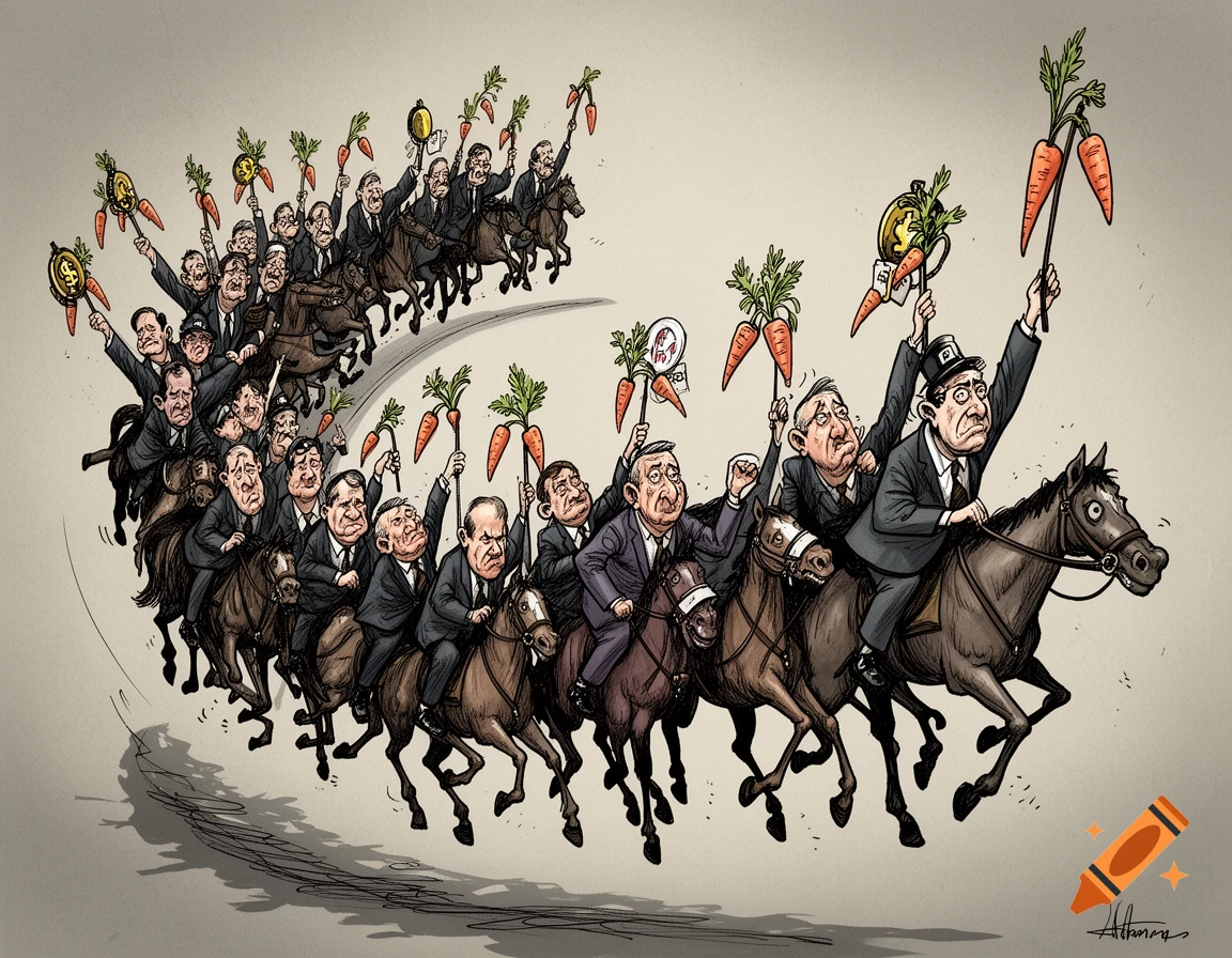A satirical political cartoon shows a large group of suited men riding horses in a chain, each holding a stick with a dangling carrot labeled with symbols of money or power.