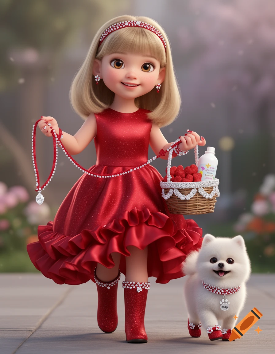 A 3D cartoon girl in a sparkly red dress and boots, holding a jeweled leash and basket, walks with a fluffy white dog.