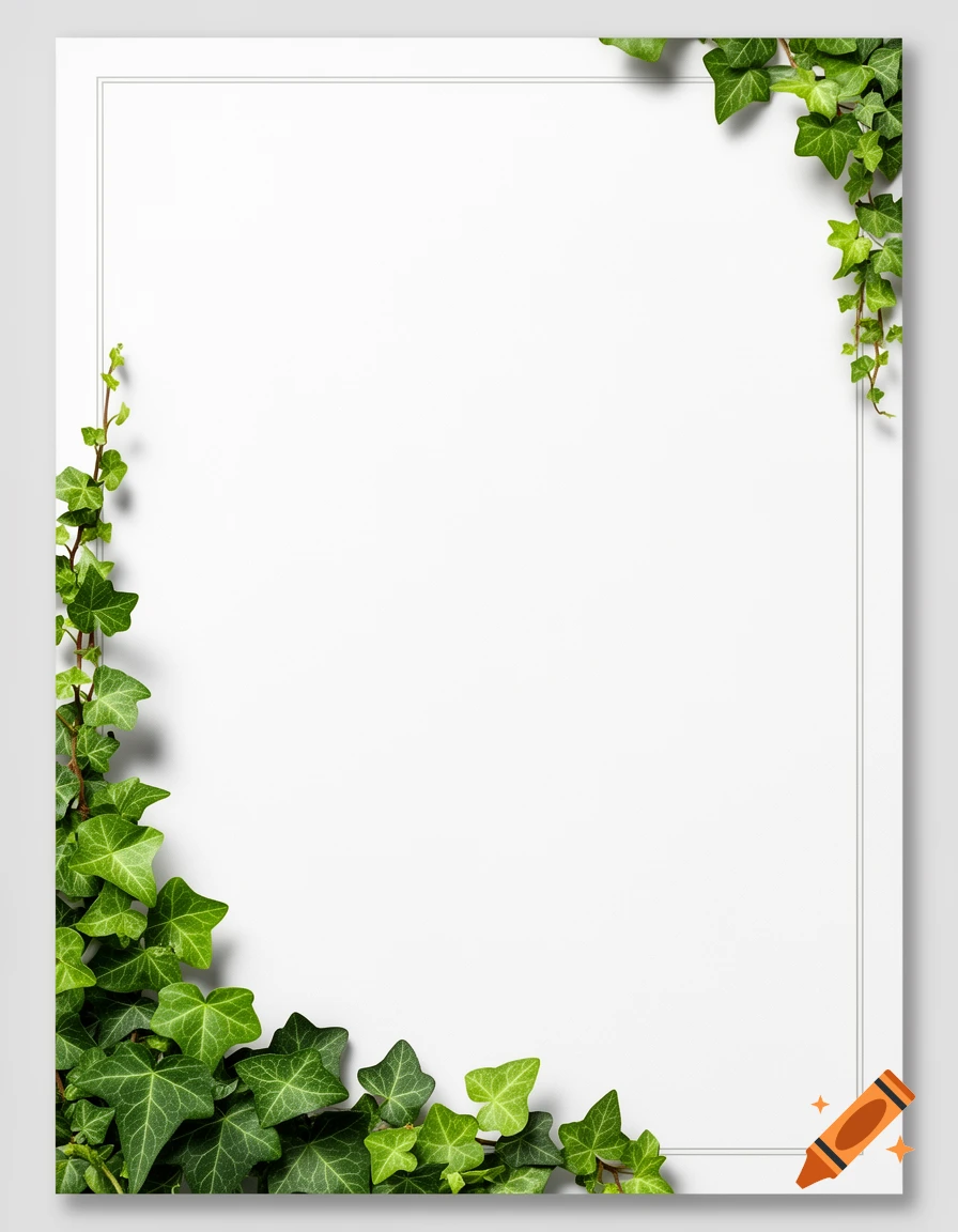 A white paper with a green ivy leaf border on the bottom-left and thin gray lines on the top-right.
