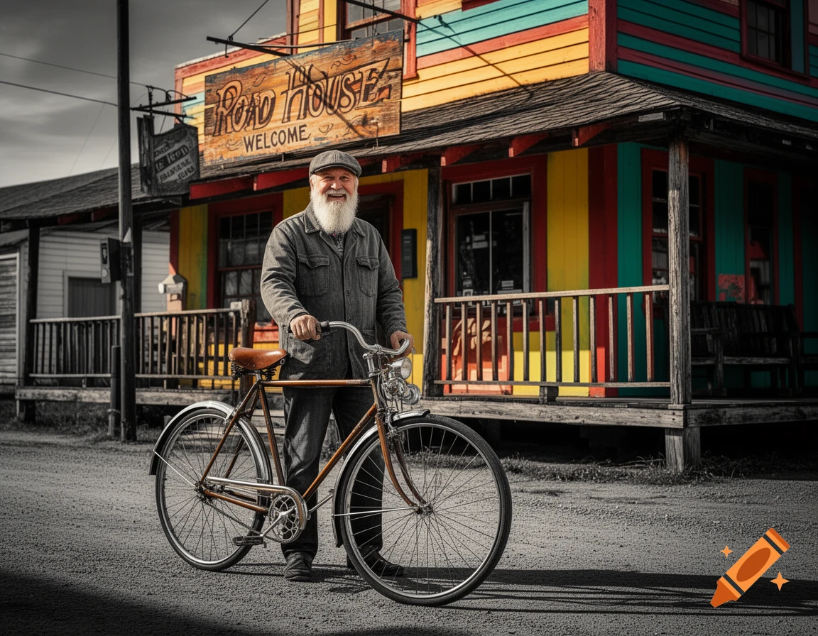 Smiling old man with a white beard and cap, standing with a vintage bicycle in front of a colorful roadhouse in a pop-art style.