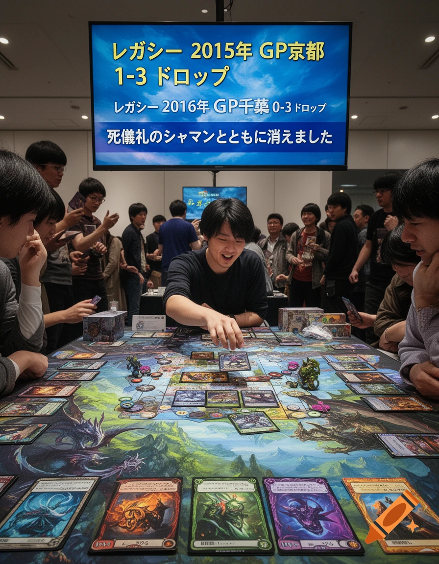 A group of people are gathered around a table playing a fantasy-themed trading card game, with a large screen displaying Japanese text in the background.