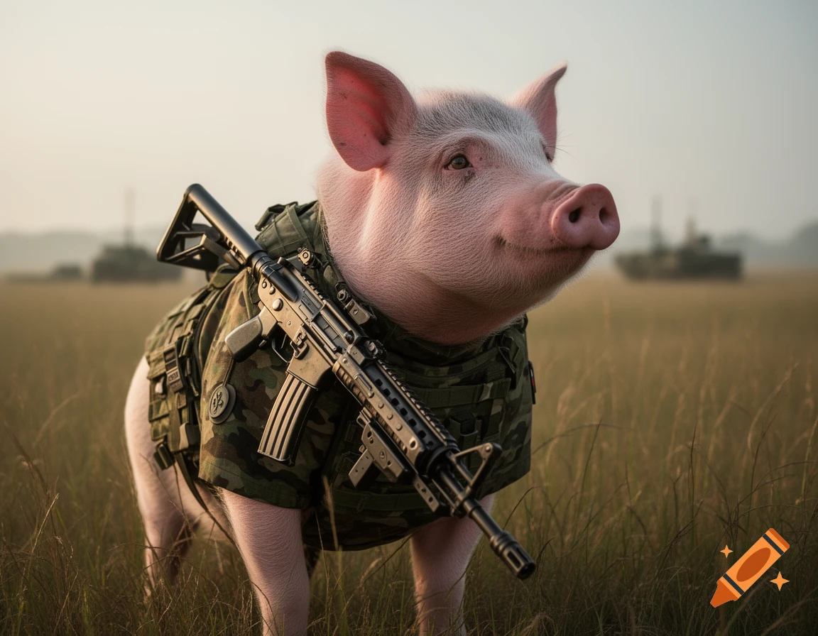 Photorealistic image of a pig in camouflage military gear with a rifle slung on its back, standing in a grassy field.