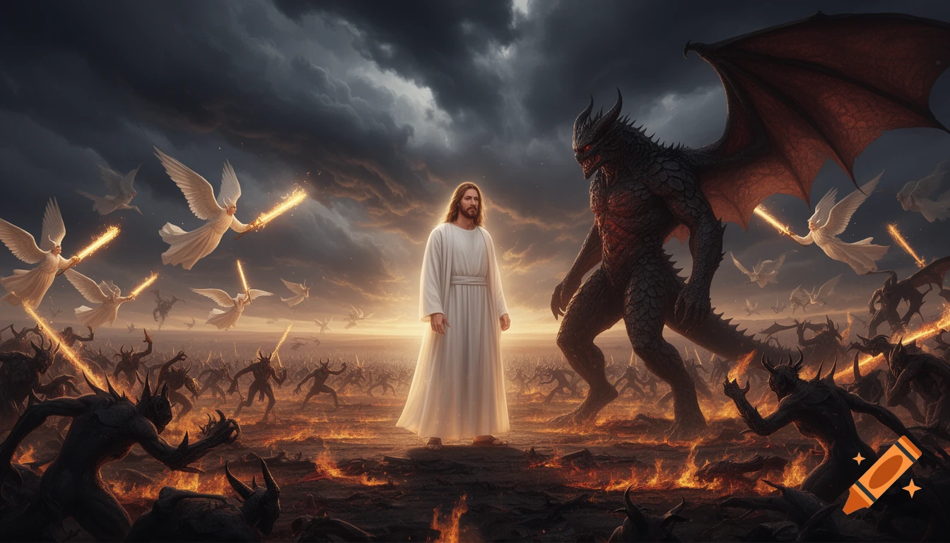 Jesus Christ and Satan battle on a fiery field under a stormy sky, surrounded by warring angels and demons.