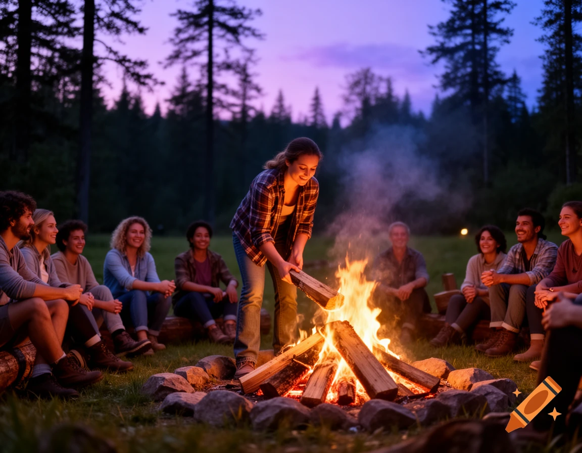 A diverse group of friends gathers around a warm campfire at dusk in a forest, while a woman tends to the flames.