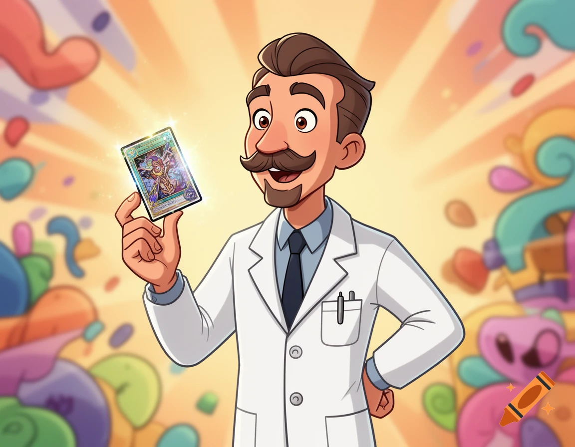 A cartoon doctor with a mustache and lab coat holds up a shiny trading card against a bright, colorful background.