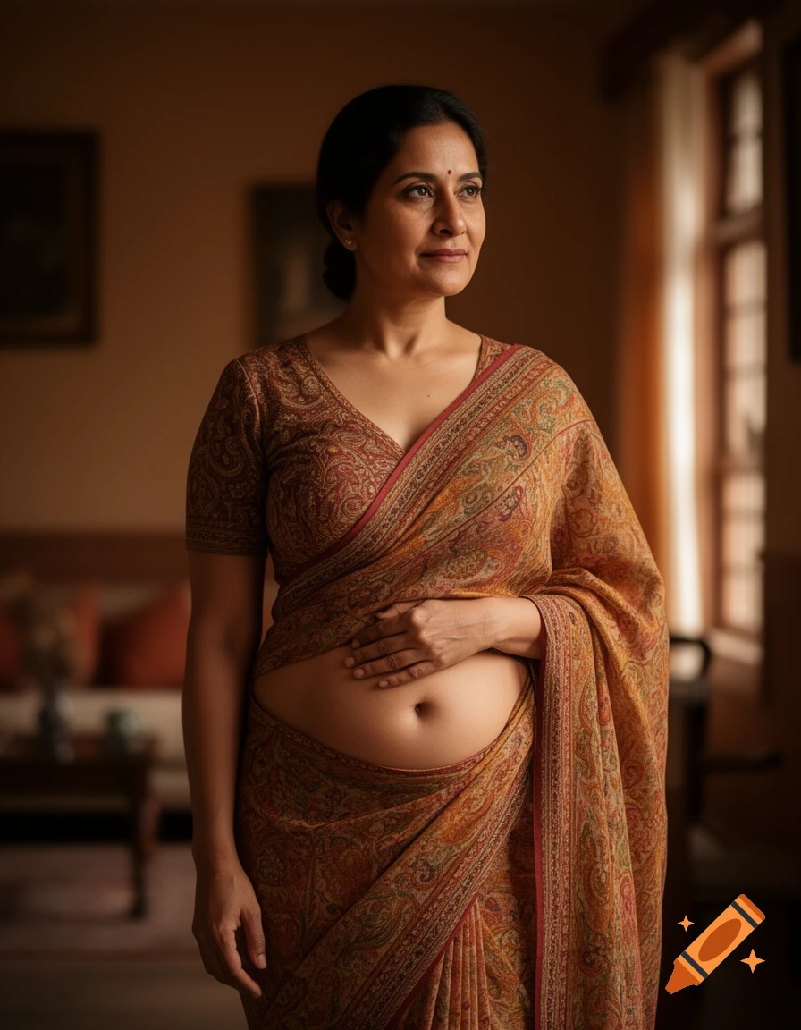 A woman in a patterned saree with a visible navel stands indoors, hand resting on her stomach, looking thoughtfully to the side.