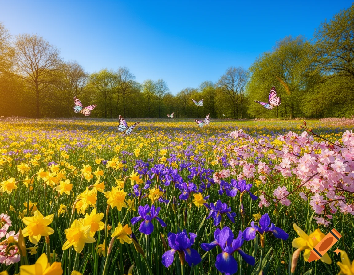 A vibrant spring field bursts with yellow daffodils, purple irises, and pink cherry blossoms under a bright blue sky, with butterflies fluttering.